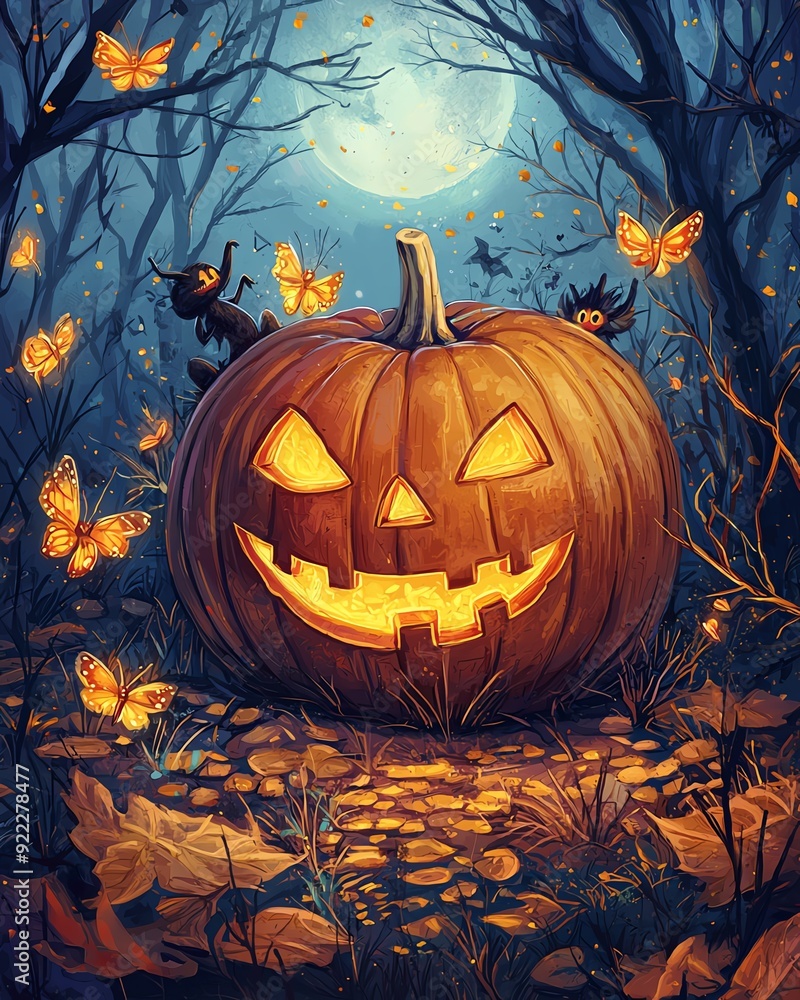 A whimsical Halloween scene featuring a glowing jack-o'-lantern surrounded by butterflies in a mystical forest setting. A whimsical Halloween scene featuring a glowing jack-o'-lantern surrounded by butterflies in a mystical forest setting.