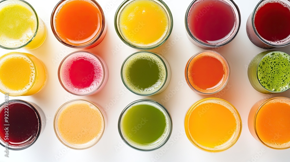 A variety of colorful juices in glasses, arranged on a white background. Top view with plenty of copy space. A variety of colorful juices in glasses, arranged on a white background. Top view with plenty of copy space.
