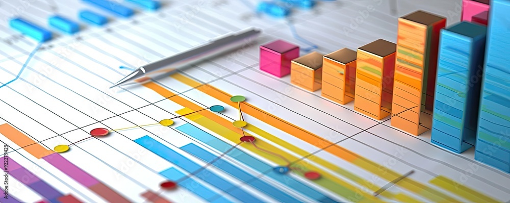 A close-up view of colorful graphs and charts, showcasing data analysis and business growth trends with a pen for notation. A close-up view of colorful graphs and charts, showcasing data analysis and business growth trends with a pen for notation.