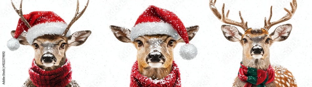 An isolated white background depicts a set of Christmas deer wearing Santa Claus hats - Stock photo An isolated white background depicts a set of Christmas deer wearing Santa Claus hats - Stock photo