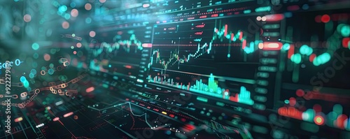 Abstract financial data visualization with dynamic charts and graphs representing stock market trends and analytics.