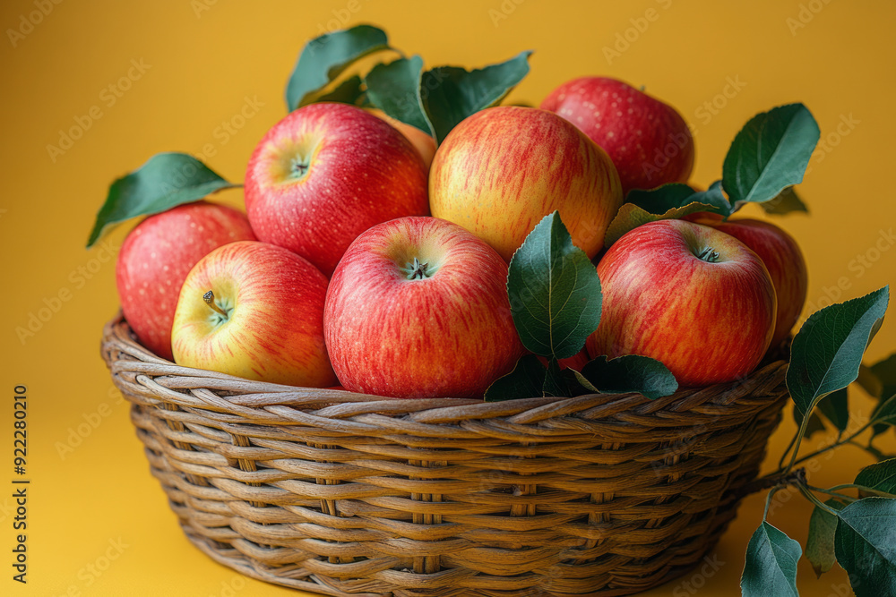 A basket of freshly picked apples, set against a pastel yellow background, A basket of freshly picked apples, set against a pastel yellow background,