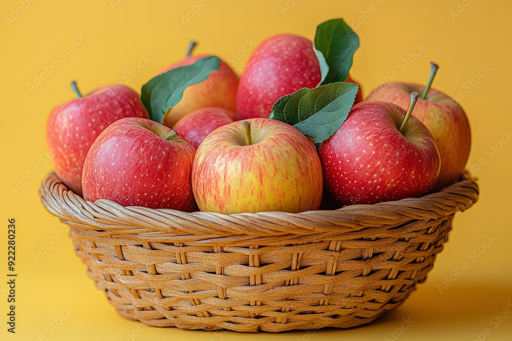 A basket of freshly picked apples, set against a pastel yellow background, A basket of freshly picked apples, set against a pastel yellow background,