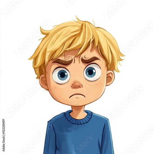 A sad pouting boy is isolated on a transparent background.