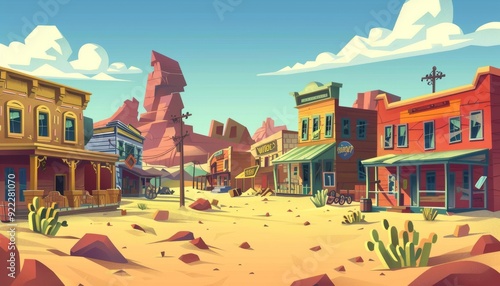 Vibrant wild west town square. Western village in the desert. Cartoon game illustration background.