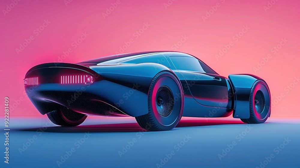 Futuristic black sports car with glowing rear lights in pink and blue gradient. Futuristic black sports car with glowing rear lights in pink and blue gradient.