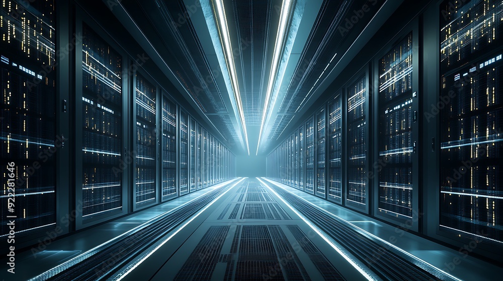 Fototapeta premium Wide-Angle View of a Massive Data Center with Rows of Servers and Blinking Lights