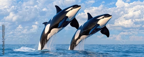 A pod of orcas leaping out of the water in synchrony, their powerful bodies arcing through the air, photorealistic photo