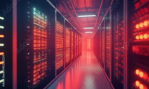 Mid-Range Shot of a High-Tech Data Center with Rows of Blinking Servers