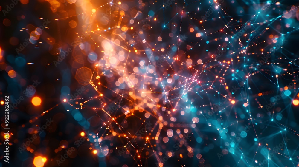 Fototapeta premium Abstract background with glowing lines and bokeh lights in red, orange, and blue colors.