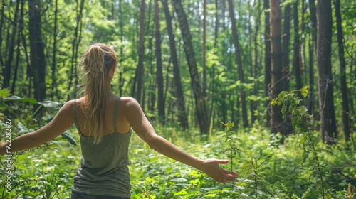 Girl in a green forest with arms outstretched, breathing clean air and enjoying a healthy lifestyle, viewed from the back