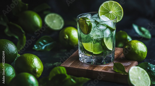 Refreshing Cocktail with Lime Slices, Ice Cubes, and Dynamic Splash