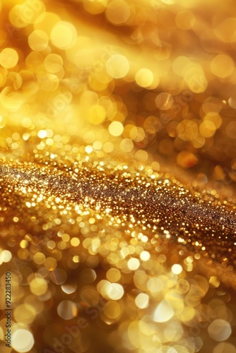 Gold blurry defocused sparkle glitter gold bokeh background wallpaper with copy space. Gold Christmas glitter design background. Magic artistic shiny golden circle bokeh.