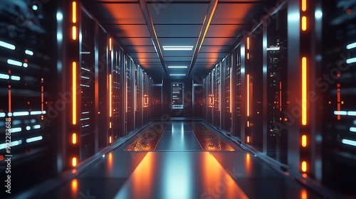 Dynamic Shot of a Data Center Corridor with Blinking Lights and Rows of Servers