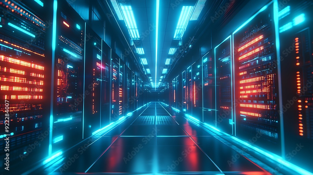 Dynamic Shot of a Data Center Corridor with Blinking Lights and Rows of Servers Dynamic Shot of a Data Center Corridor with Blinking Lights and Rows of Servers