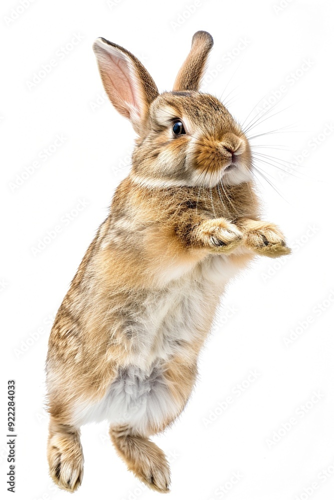 Fototapeta premium Ein braunes springendes Kaninchen isoliert auf weißem Hintergrund 