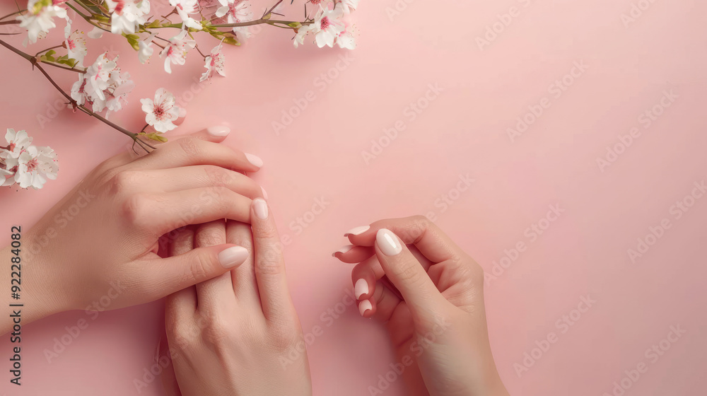 Elegant female hands with French manicure, applying skincare lotion, highlighting soft skin and spa treatment Elegant female hands with French manicure, applying skincare lotion, highlighting soft skin and spa treatment