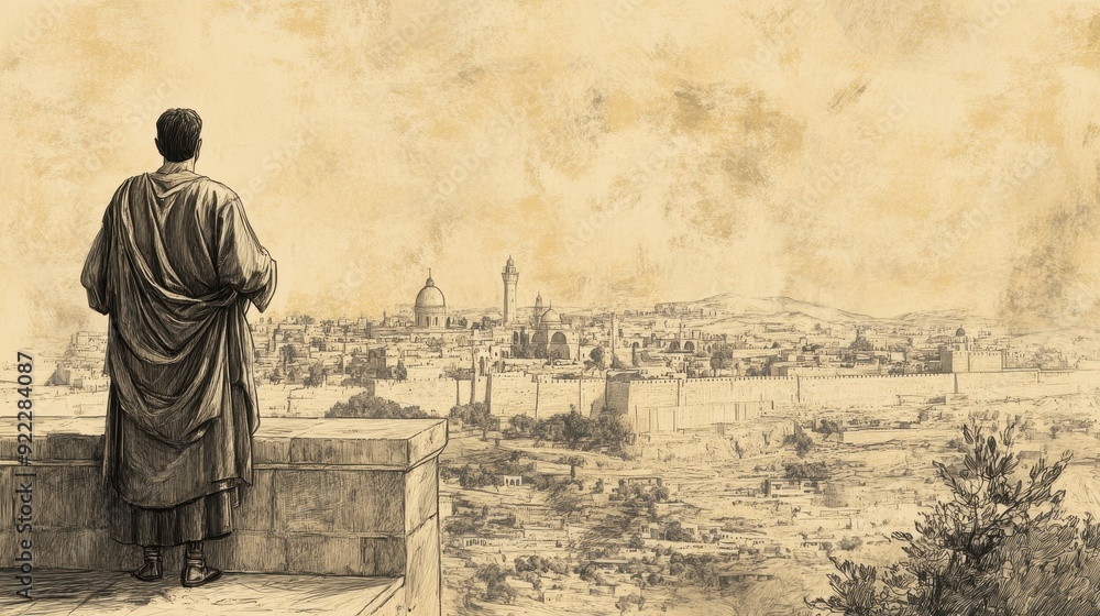 Fototapeta premium Biblical Illustration: David, standing on a balcony overlooking Jerusalem, contemplates God's promise to establish his dynasty forever, set against a beige background for Bible wall art.
