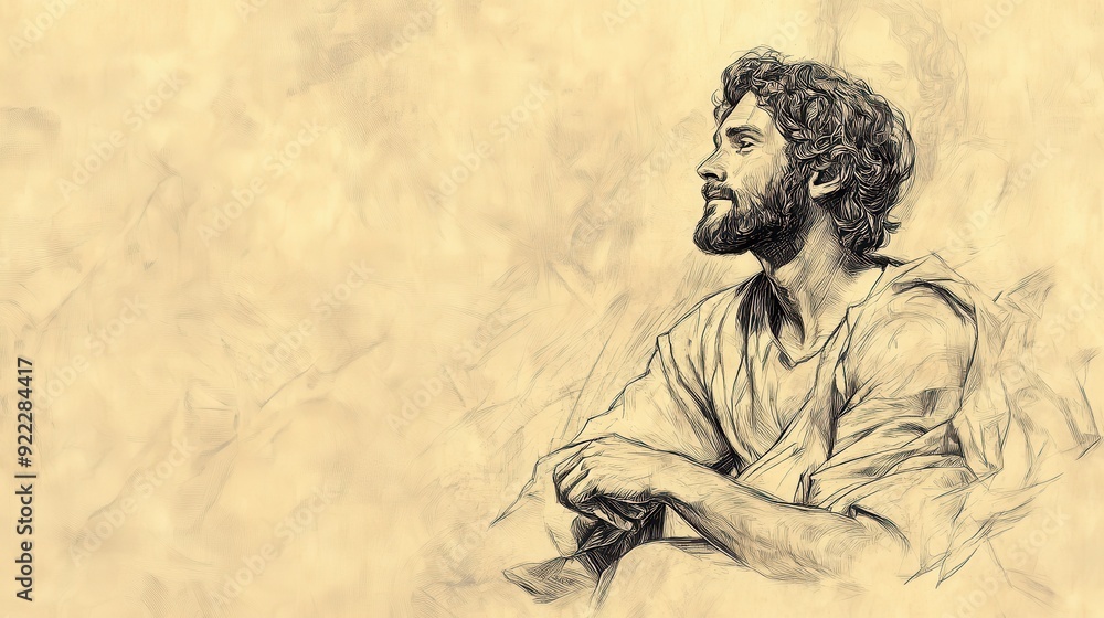 Fototapeta premium Biblical Illustration: David envisioning the future of Israel, confident in God's plan and promises, set against a beige background for Bible wall art.