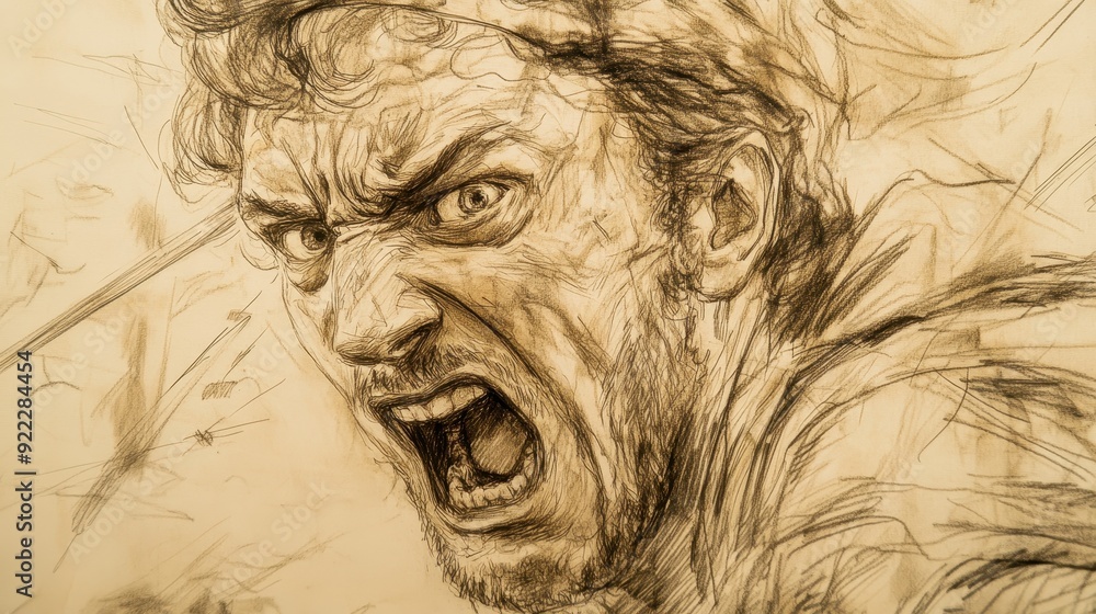 Biblical Illustration: Close-up of David's determined face as he fights valiantly on the battlefield, leading his men to victory, set against a beige background for Bible wall art. Biblical Illustration: Close-up of David's determined face as he fights valiantly on the battlefield, leading his men to victory, set against a beige background for Bible wall art.