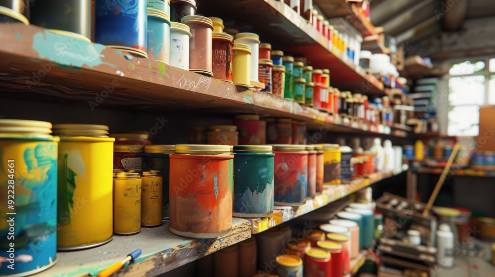 A store room with shelves lined with paint cans and painting supplies. A store room with shelves lined with paint cans and painting supplies.