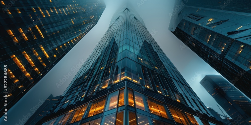 Fototapeta premium A city skyline with tall buildings and a cloudy sky