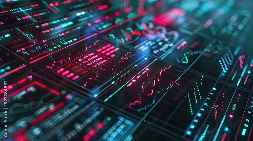 Dynamic financial data visualization featuring colorful charts, graphs, and indicators reflecting market trends and analysis. Dynamic financial data visualization featuring colorful charts, graphs, and indicators reflecting market trends and analysis.