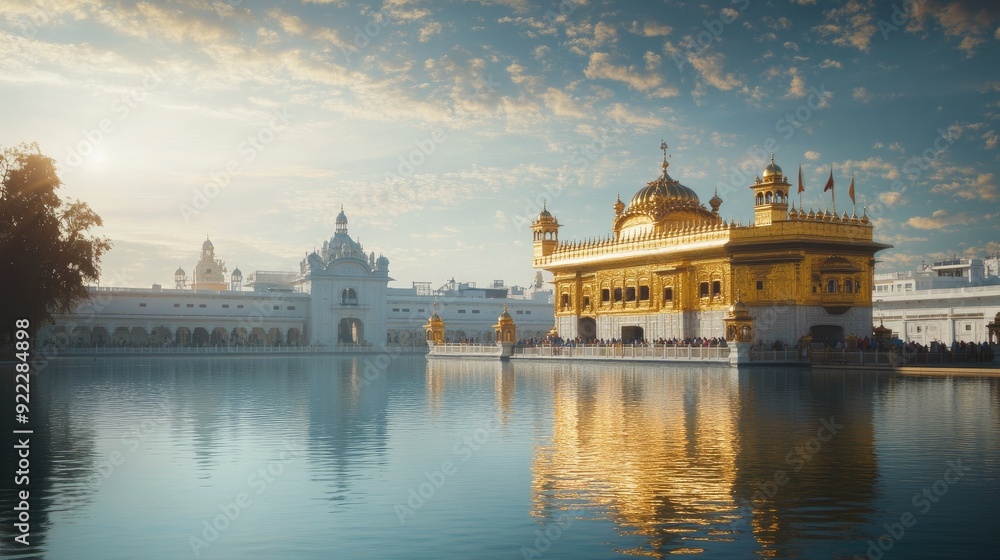 Obraz premium The peaceful ambiance of the Golden Temple in Amritsar, with its golden shimmering in the surrounding pool.