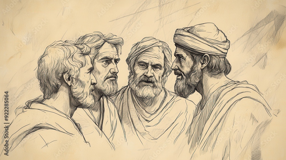 Fototapeta premium Biblical Illustration: David, surrounded by his advisors, listens to Ziba's account of Mephibosheth, with a mix of skepticism and interest, set against a beige background for Bible wall art.