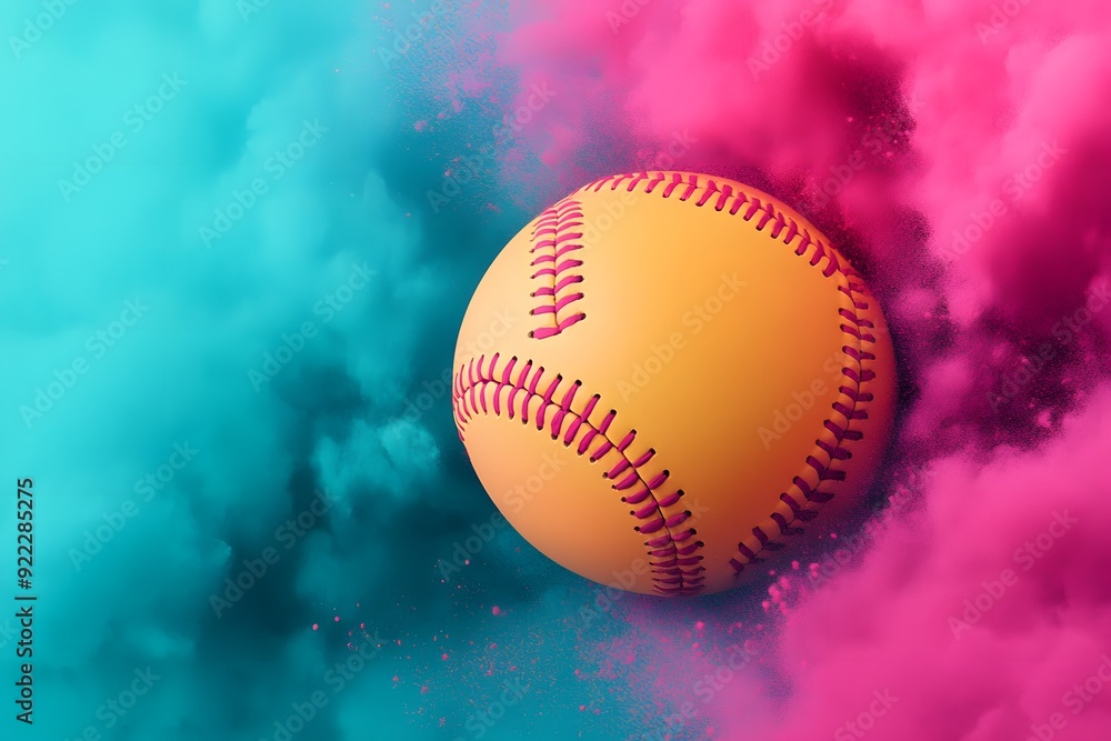 A yellow softball is in the air, surrounded by a cloud of pink and blue smoke A yellow softball is in the air, surrounded by a cloud of pink and blue smoke