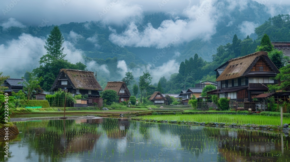 Serene Scenery of Traditional Japanese Village with Rice Paddies and Thatched-Roof Houses Serene Scenery of Traditional Japanese Village with Rice Paddies and Thatched-Roof Houses