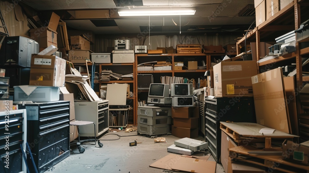 A store room with stacks of office furniture and equipment, ready for deployment. A store room with stacks of office furniture and equipment, ready for deployment.
