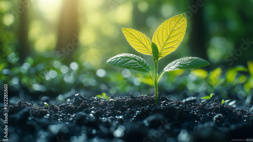 The green sprout of the young plant grows in black soil, with sunlight shining on it through a blurred forest background. 