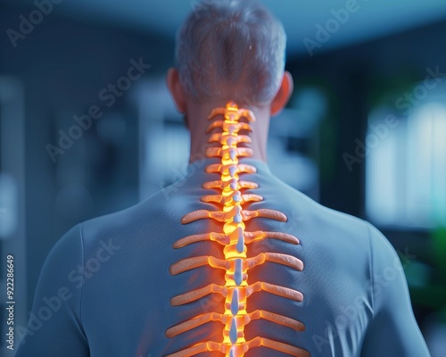 A detailed illustration of a human spine highlighting anatomical features and glowing vertebrae for medical and educational use.