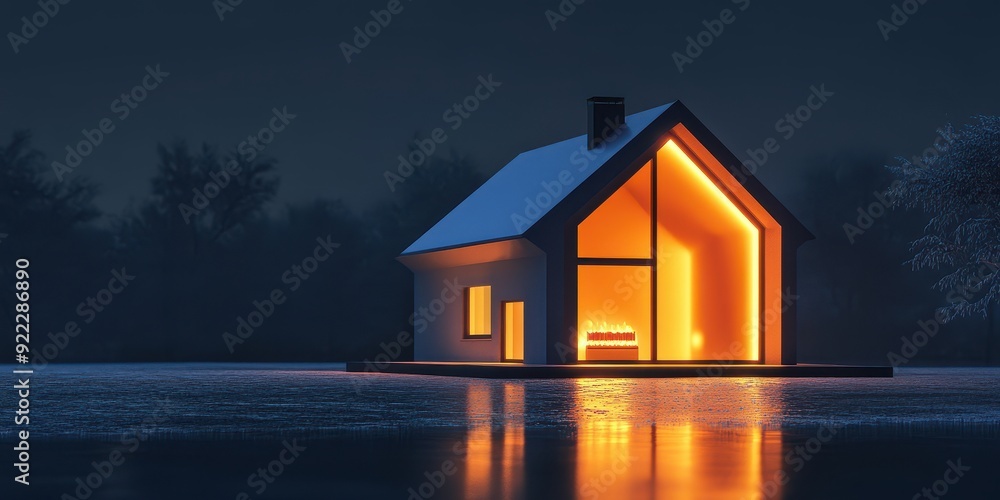 A house with a fireplace is lit up at night A house with a fireplace is lit up at night