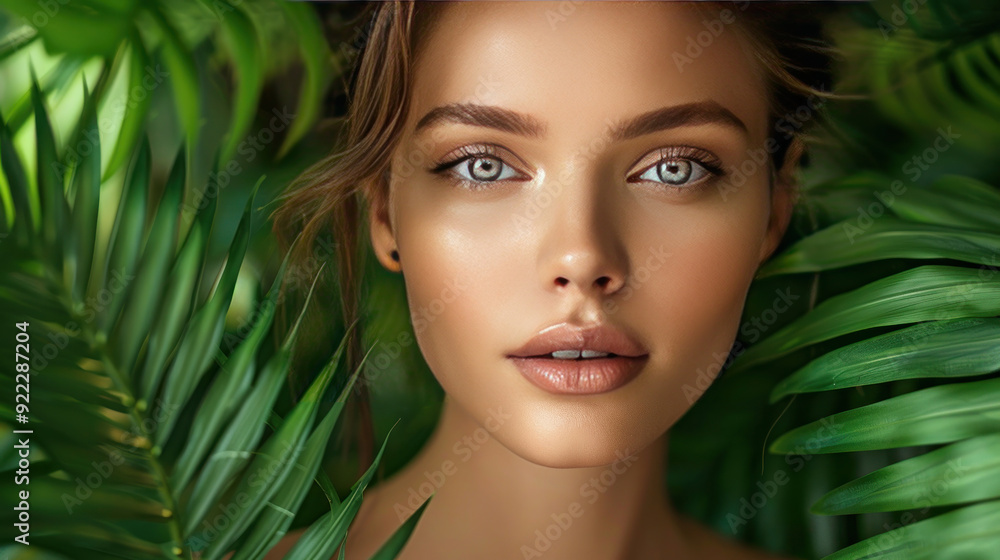 Beautiful young woman with perfect skin and natural makeup posing in front of lush tropical green leaves and ferns Beautiful young woman with perfect skin and natural makeup posing in front of lush tropical green leaves and ferns