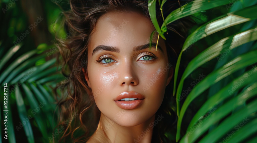 Beautiful young woman with perfect skin and natural makeup posing in front of lush tropical green leaves and ferns Beautiful young woman with perfect skin and natural makeup posing in front of lush tropical green leaves and ferns