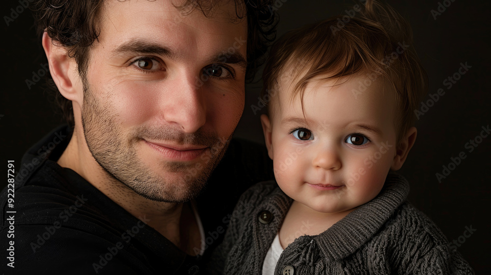A joyful moment shared between a father and his young child, both smiling warmly at the camera A joyful moment shared between a father and his young child, both smiling warmly at the camera