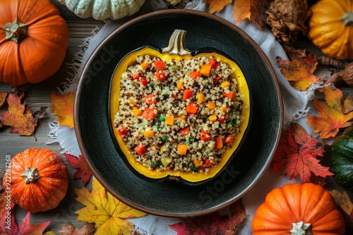 colorful autumn-themed table featuring stuffed acorn squash with a mix of quinoa, vegetables, and nuts, surrounded by fall decorations like pumpkins and leaves photo