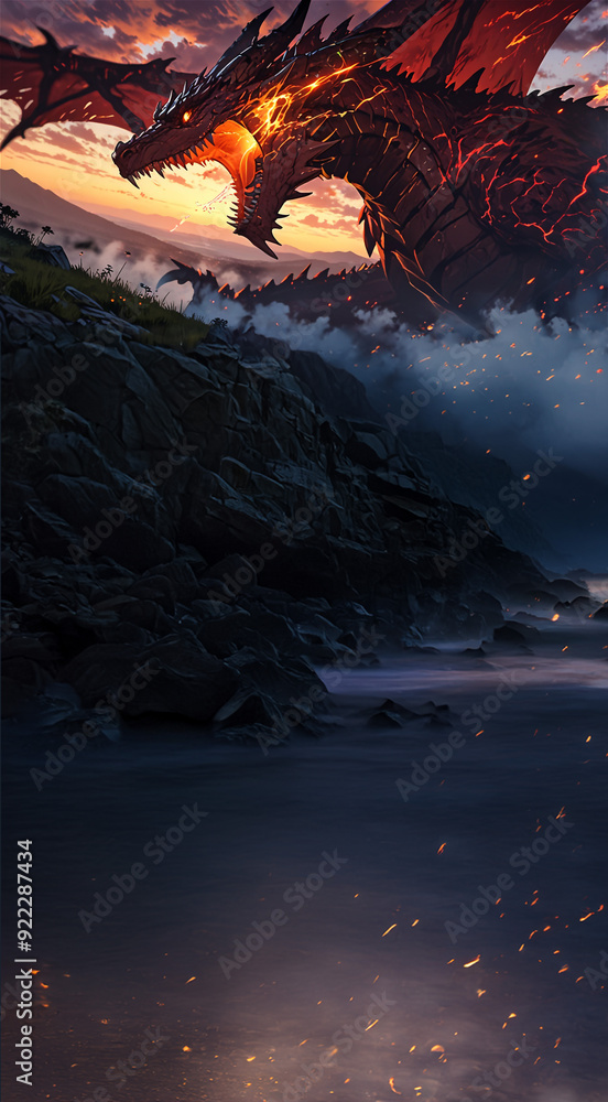 Obraz premium Inferno Dragon Unleashed | Volcanic Rage in the Mountains