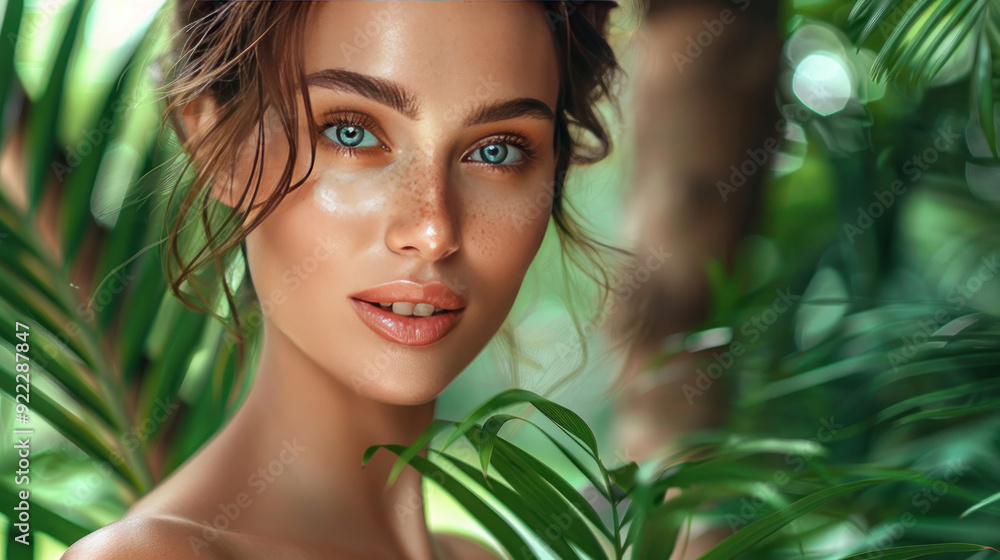 Beautiful woman with perfect skin, natural makeup, posing against a lush backdrop of tropical green leaves and ferns Beautiful woman with perfect skin, natural makeup, posing against a lush backdrop of tropical green leaves and ferns