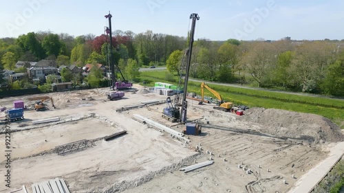 Aerial drone video of a construction site where houses being built.