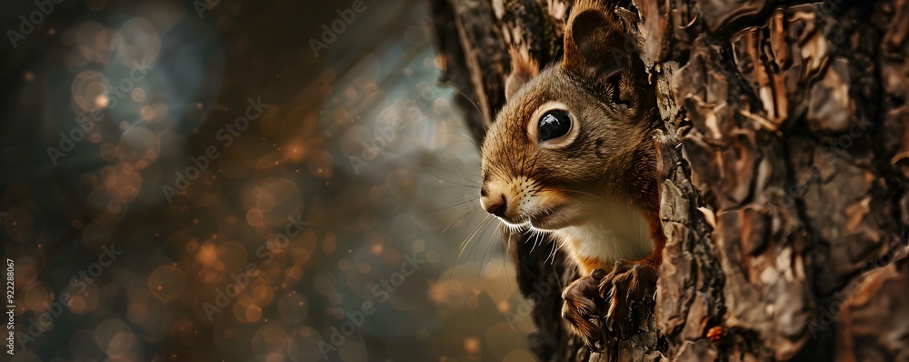 Naklejka premium A Red Squirrel Peeking From Behind a Tree Trunk