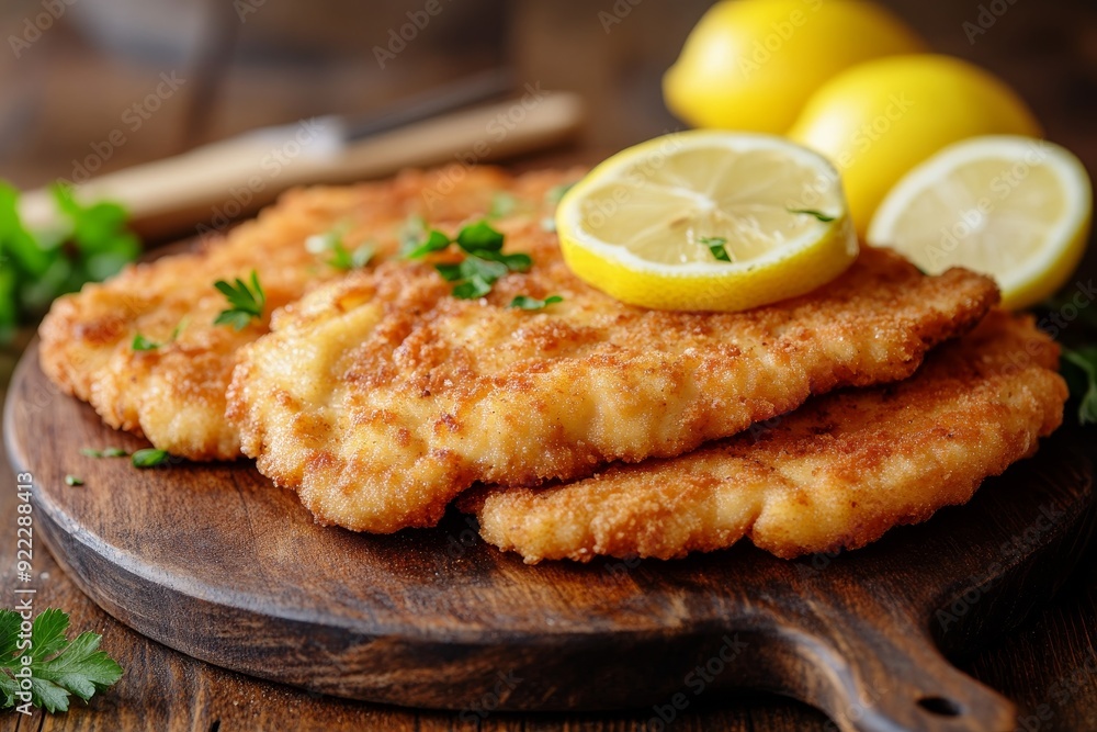 Crispy breaded schnitzel with lemon slices Crispy breaded schnitzel with lemon slices