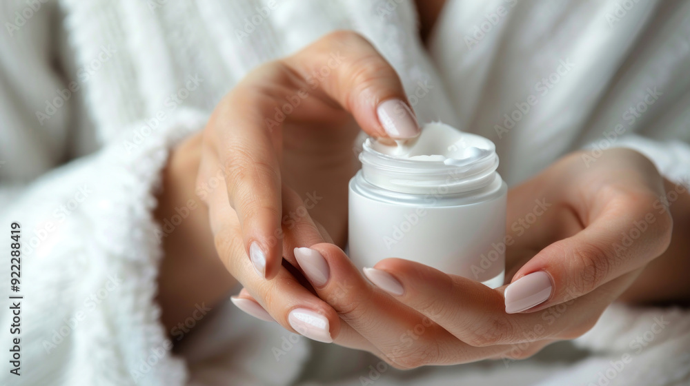 Beautiful woman hands applying cream, showcasing soft skin and French manicure, emphasizing skincare and spa concepts Beautiful woman hands applying cream, showcasing soft skin and French manicure, emphasizing skincare and spa concepts