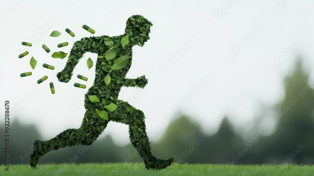 A unique depiction of a running figure made from leaves, symbolizing fitness, nature, and eco-friendly living.