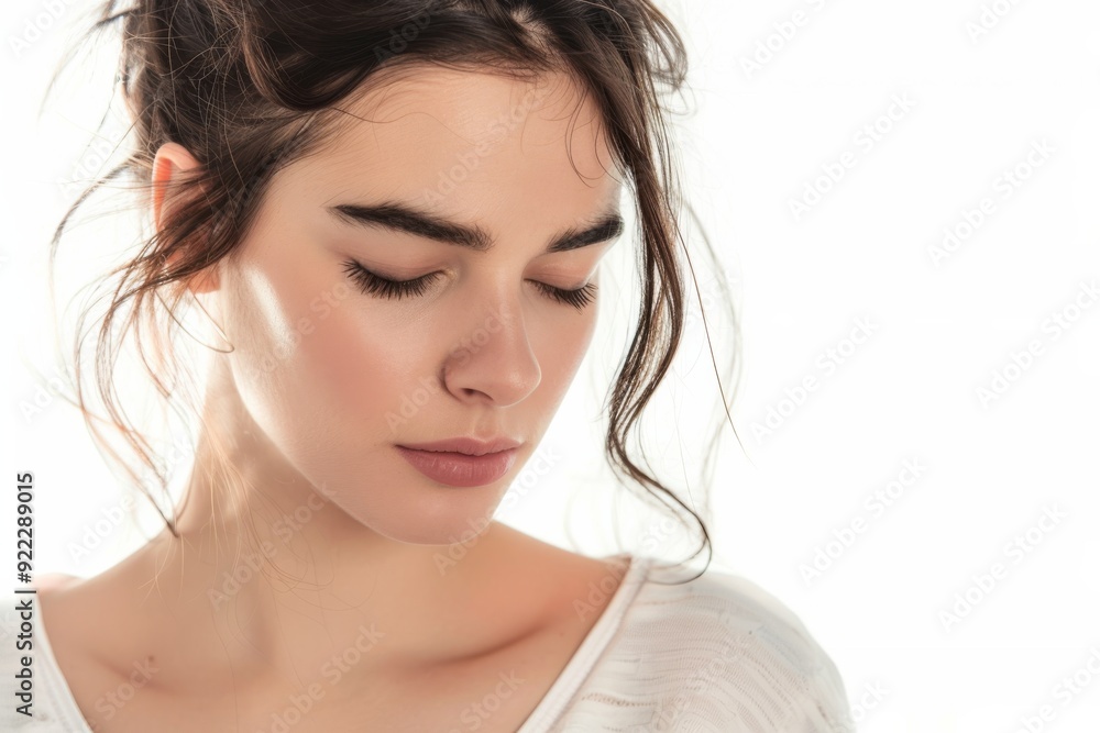 Serene Beauty: A woman with a soft, contemplative gaze in a white shirt, her dark hair pulled back in a loose bun. The image exudes tranquility and natural beauty. Serene Beauty: A woman with a soft, contemplative gaze in a white shirt, her dark hair pulled back in a loose bun. The image exudes tranquility and natural beauty.