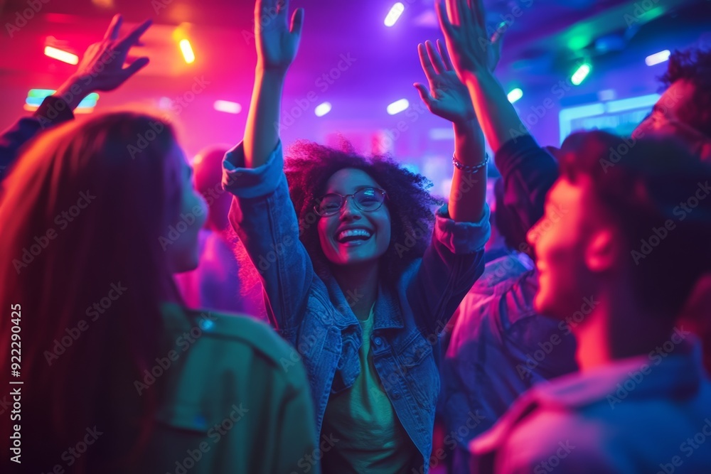 party night - group of diverse friends, celebrating life, dancing, at club with neon purple lights, arms up, having fun party night - group of diverse friends, celebrating life, dancing, at club with neon purple lights, arms up, having fun