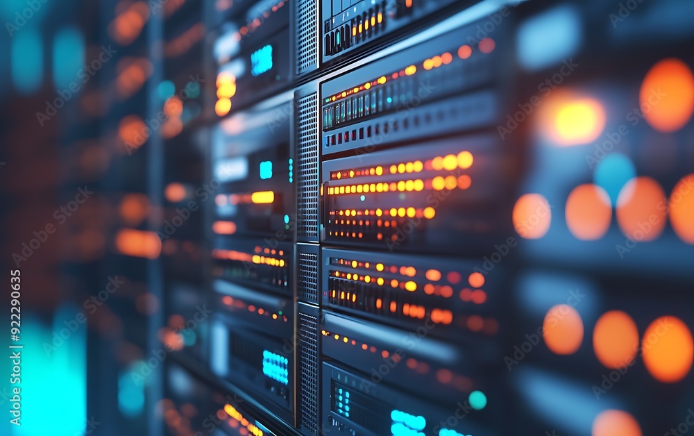 Close-Up of Server Front Panels with Blinking Lights in a Data Center Close-Up of Server Front Panels with Blinking Lights in a Data Center
