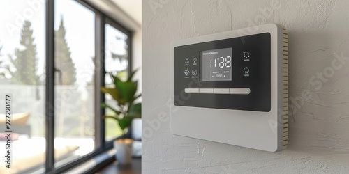 A white and black smart thermostat with a digital clock on the front